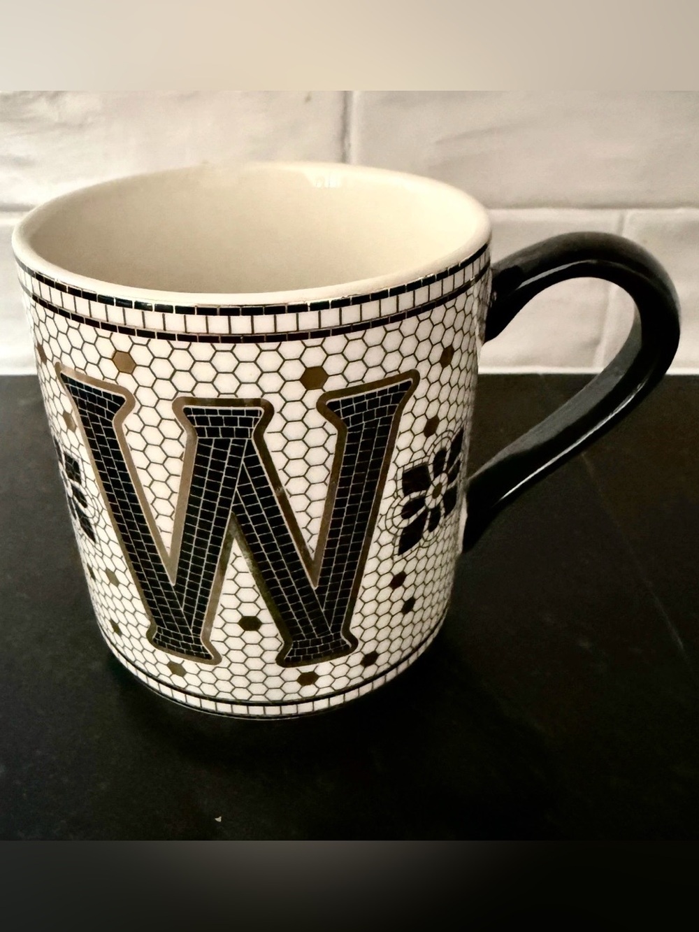 Anthropologie Bistro Tile Monogram Mug W Black Cream Gold Mosaic Coffee Cup